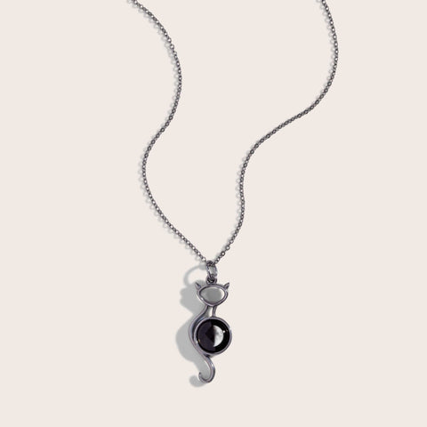 Black silver Moon phase Black Cat on the Moon Necklace